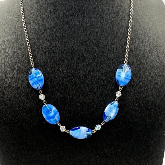 Sterling Silver Necklace Blue Swirl Glass Beads Chain Link Dainty 14.5 Inch - Picture 1 of 10